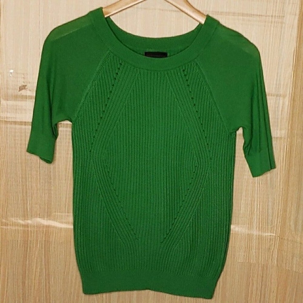 Worthington Womens Green Ribbed Knit Short Sleeve Sweater Small